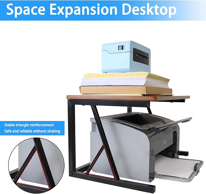 Printer Stand for Desk with Storage, Desktop Printer Stand Shelf Organizer, Fixed 2-Tier Heavy Duty Wood & Metal Desk Printer Stand, Small Printer Table for Home Office Kitchen, 100 lb Capacity