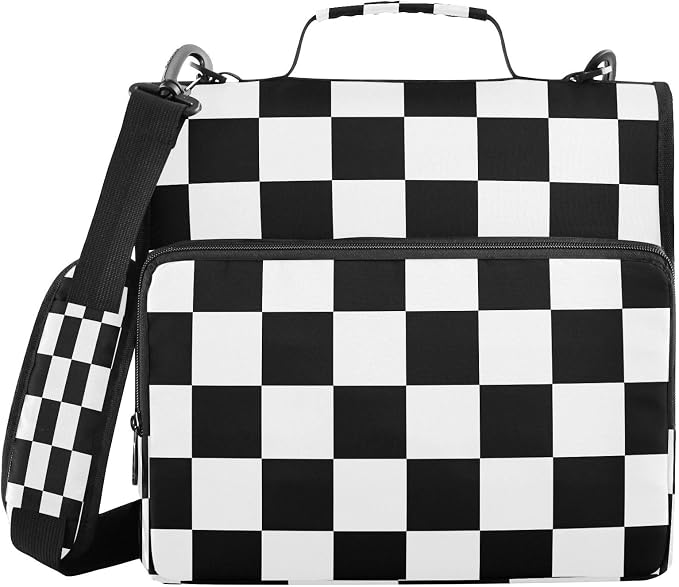 ALAZA Zipper Binder 3 Ring Black White Checkered Plaid Binder Organizer with Zipper and Shoulder Strap Large Capacity Multi-Pocket Trapper Keeper File Folder for Office Supplies