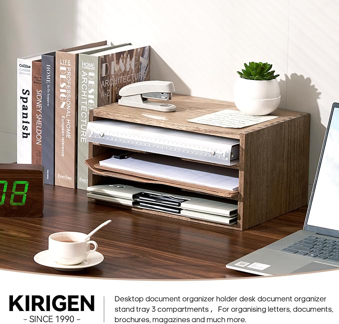 KIRIGEN Wooden Desk Organizer 3-Tier Letter Tray and Paper Sorter, Brown | Solid Wood Paper Tray Document Holder Organizer for Letters, Files, Folders, Mail, Magazines and Office Supplies
