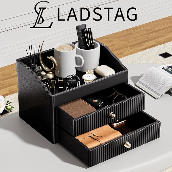 LADSTAG Office Supplies,Black Vegan Leather Office Organization with 2 Drawers & Tray,Glasses Holder with Gold-Tone Metal Accents Knob for End Tables,Bedside Table,Bedroom