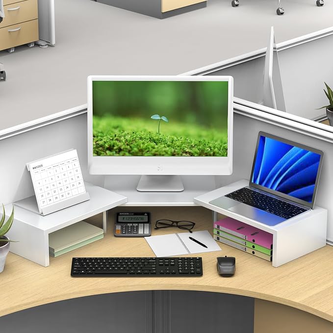 Dual Monitor Stand Riser | Monitor Stand for Desk, Metal Computer Stand, Desk Shelf Riser,Desktop Organizer for Home and Office Use (White)