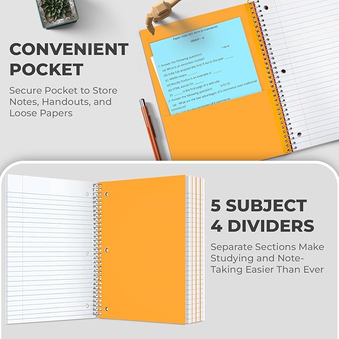 Rosmonde Bulk Spiral Notebook 24 Pack, 5 Subject, 300 Pages/Book (150 Sheets), 8 x 10-1/2, College Ruled, School & Office Spiral Notebooks, Back to School Notebook Journal, Soft Cover, Assorted Colors