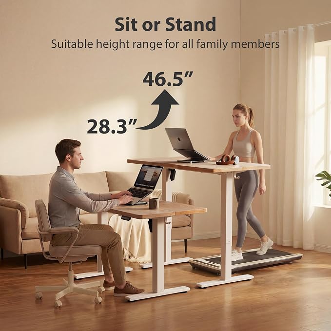 Cubiker Standing Desk, 63x28 Inches Sit Stand Home Office Desk, Electric Stand up Desk, Adjustable Desk with Splice Board, White Frame/Maple Top