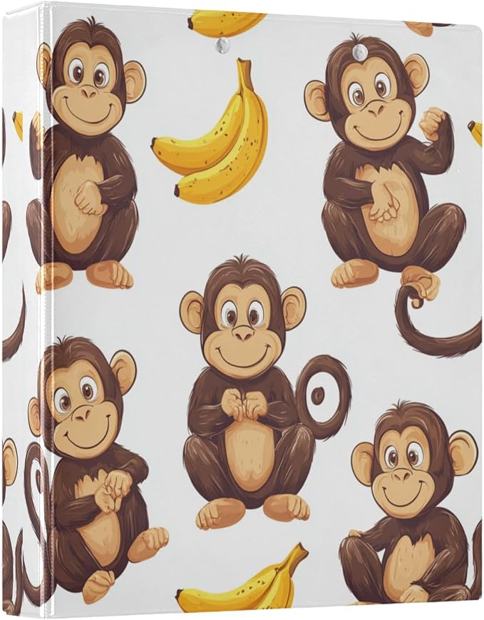 Caikeny 3 Ring Binder Yellow Bananas Brown Monkeys 1.5 Inch Binders Round Ring Clipboard with 2 Pockets for Office Supplies