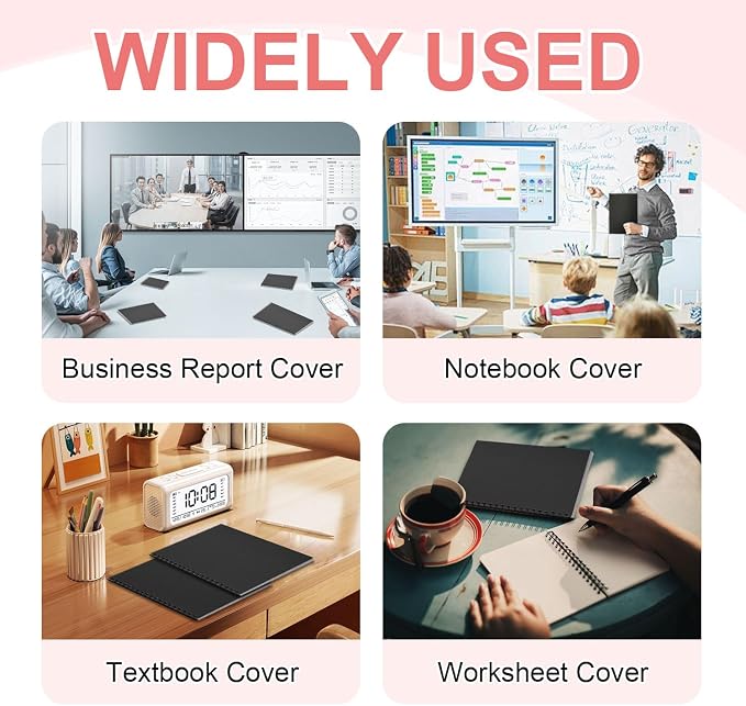 HOUYEE 100 Pack 12mil Binding Presentation Covers, Sand Texture, Black | Plastic Back Binding Polycovers, 8.5x11 Inch Letter Size, Square Corners,Un-Punched, Office & School Supplies