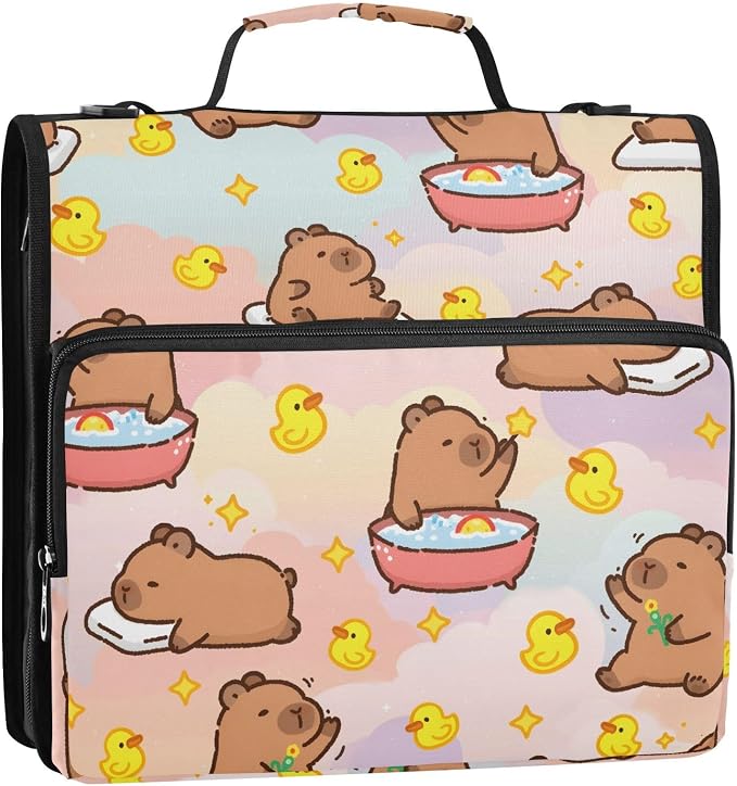 Capybara Ducks 3 Ring Binder Bag 1.5 inch Binder Organizer with Zipper Shoulder Strap 500 Sheet Documents Storage for School Office