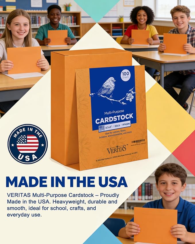 Veritas Orange Colored Cardstock, 8.5" x 11" Colored Card Stock, 110LB/199GSM Printer Paper, 100 Sheets, Colored Multi-Purpose Paper, for Inkjet & Laser Printing, Invitations,Art Projects & Crafts