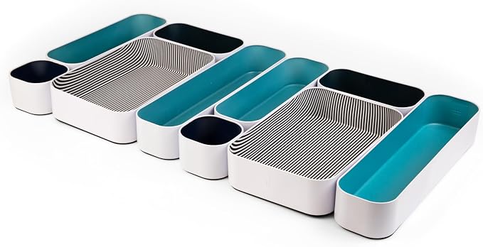 Three by Three Seattle Metal Drawer Organizer Tray Set, 10-Pc (Assorted) | Deep 2" food-safe metal bins; mix & match to customize any drawer; kitchen, bathroom, office & vanity organization