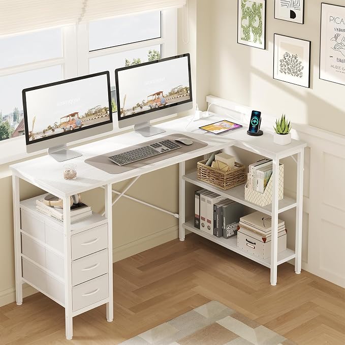 DUMOS L Shaped Desk with Drawers, Gaming Desk, 55 Inch | Power Outlet, Study Table, Adjustable Shelves, Home Office, Corner Computer Workstation, Bedroom, White