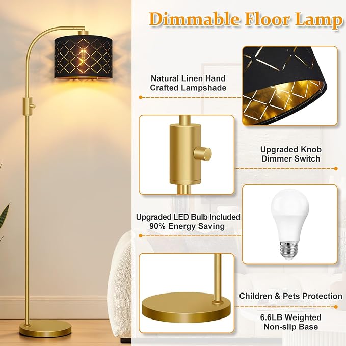 Nintiue Dimmable Floor Lamp, 1200 Lumens LED Edison Bulb Included, Arc Gold Floor Lamps for Living Room Modern Standing Lamp with Black Grid Shade