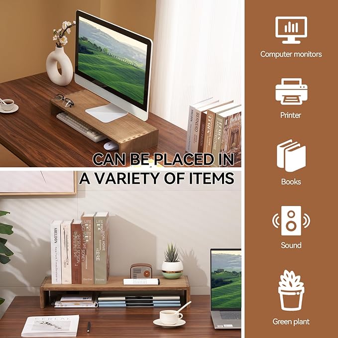 KIRIGEN Wood Monitor Stand Riser for Desk, 23.23 Inch, Brown 59-DBR | Desktop Workspace Platforms Stand Fully Assembled for Monitors, Laptops, Small TVs, or Printers for Home Office