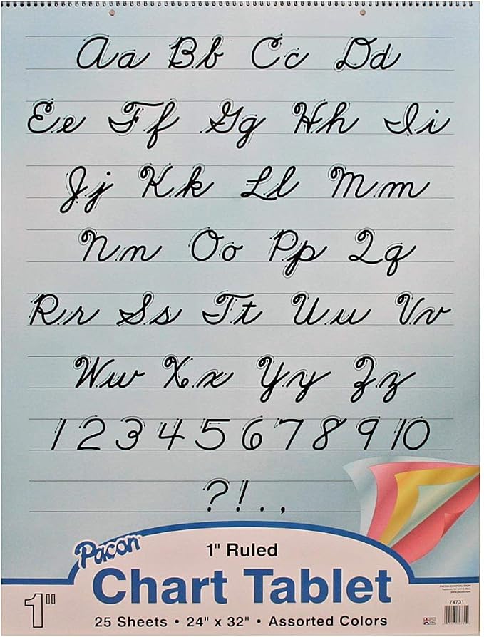 Pacon Colored Paper Chart Tablet, 5 Assorted Colors, Cursive Cover, 1" Ruled 24" x 32", 25 Sheets