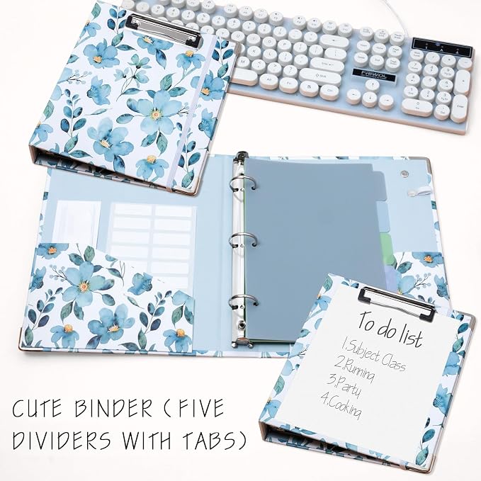 Mini Binder Organizer for 5.5" x 8.5" Paper ，1 Inch 3 Ring Binder with Clipboard, 5-Tabs Pockets Dividers, Plastic Folder, 18 Divider Stikers, Pen Loop (Blue Flora, Half Letter Size)