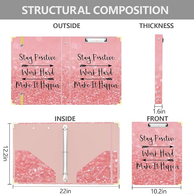 3 Ring Binder 1 Inch, Cute Pink Decorative Hardcover Low Profile Clipboard with Storage, 1'' Round Ring Binders for Letter Size Paper, Binder Organizer for School Office Supplies(Stay Positive)