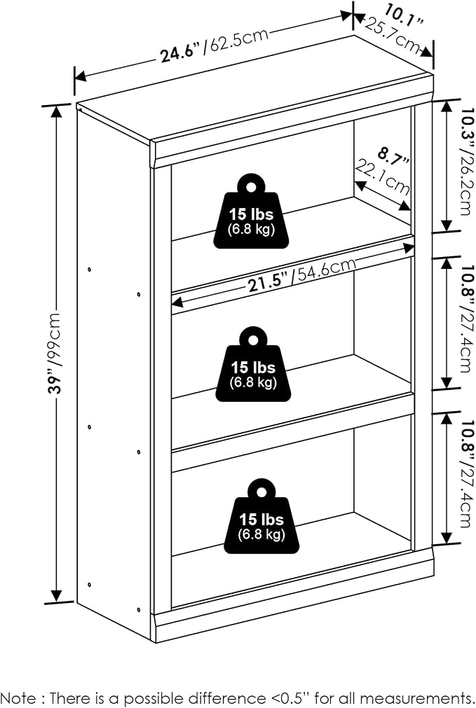 Furinno Rail Book Shelf, 3-Tier Bookshelf with Open Shelf, Bookcase with Classic Style Edges, 10 x 24.6 x 39, for Organization and Storage, for Living Room, Bedroom, Home Office, White