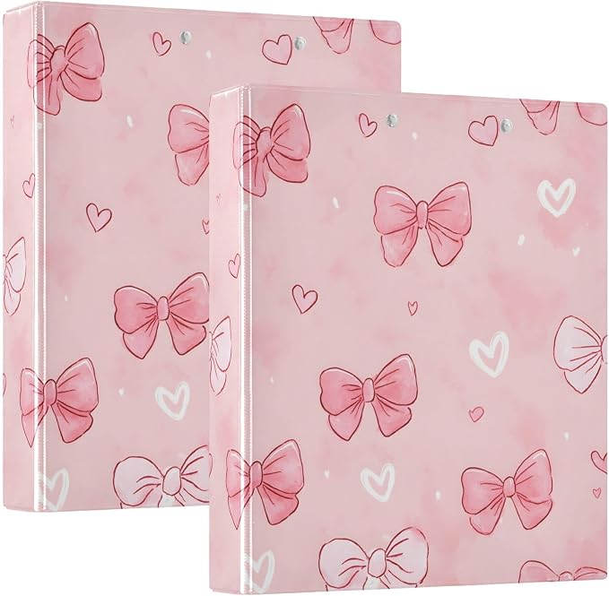 White Pink Bow Heart 3 Ring Binder with 2 Interior Pockets 1.5 inch Binders 3 Ring Heavy Duty Fit 8.5" x 11" Letter Size for Office School, 2 Pack