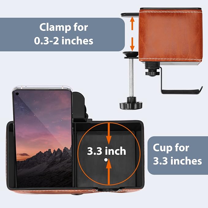 Under Desk Cup Holder Clamp on Cup Holder PU Leather Clip on Desk Organizer | Desk organizer with pencil holder clamp on side, under desk hanging organizer, clip on cup holder desk phone stand holder PU