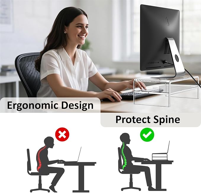 Egchi Acrylic Monitor Stand Riser, 2 Tier Clear Computer Monitor Stand for Home Office Business, PC Desk Stand Monitor Riser for Keyboard Storage, Laptop, Printer and TV Screen -12x7.2x5.12 inches | Desk Stand Monitor Riser, for Home Office Business, K...