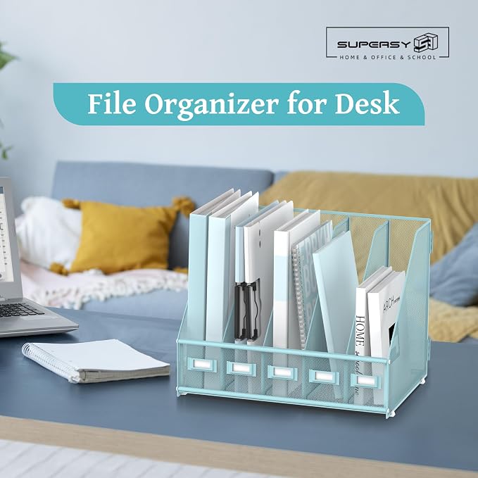 Desk Organizers Metal Desk Magazine File Holder with 5 Vertical Compartments Rack File Organizer for Office Desktop, Classroom, Home Workspace, Blue