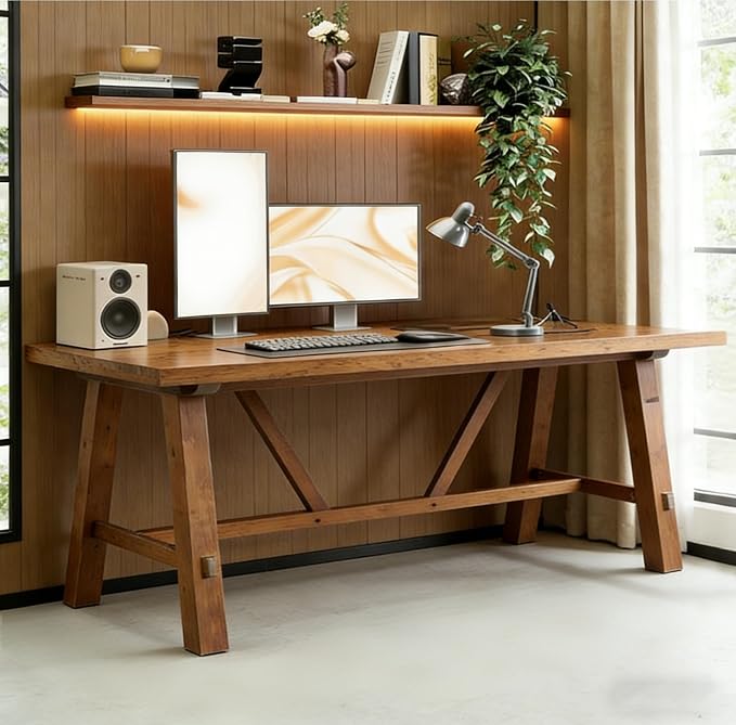 LITTLE TREE 70.87" Long Large Wood Desks, Solid Wood Office Desk, Farmhouse Executive Computer Desk, Home Office Workstaticon, Work Writing Table, Rustic Brown | Farmhouse Executive Computer Desk, Home Office Workstaticon, Work Writing Table, Rustic Brown