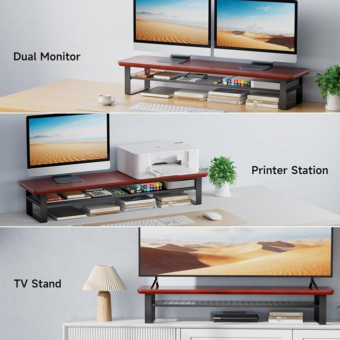 Dual Monitor Stand, 35.4 Inch Monitor Stand Riser for 2 Monitors, 2 Tiers Wood Desk Shelf with Storage, Desktop Organizer Stand for Computer, Laptop, Printer, TV