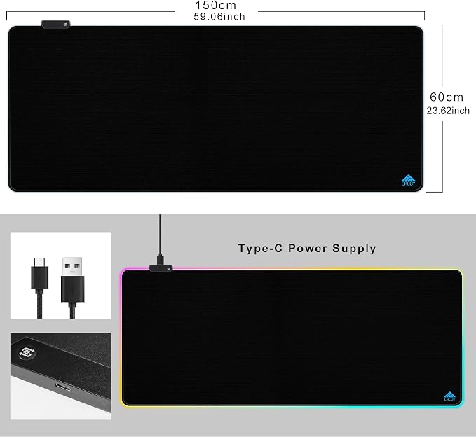 Cacoy 59"x24" Large RGB Gaming Mouse Pad, XXL Non-Slip LED Desk Mat, Black | Extended RGB Keyboard Mouse Mat Glowing LED Light Special-Textured Surface Computer Mat Desk Accessories Optimized for Gamer