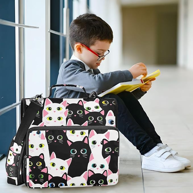 3 Ring Zipper Binder with Shoulder Strap Cat Black White Cartoon 2 Inch Zippered Binder Bag 500 Sheet Capacity Multi Pockets for School Supplies