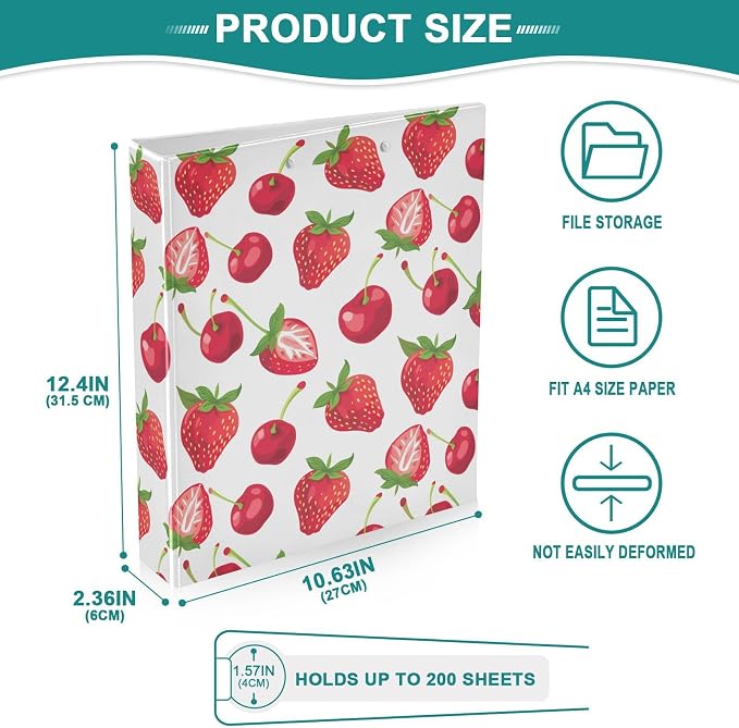 3 Ring Binder Strawberry Berry Fruit 1.5 inch Binders Three Ring Binders with Clipboard Fit 8.5'' x 11'' Paper 3 Interior PVC Clear Pockets for Office Supplies