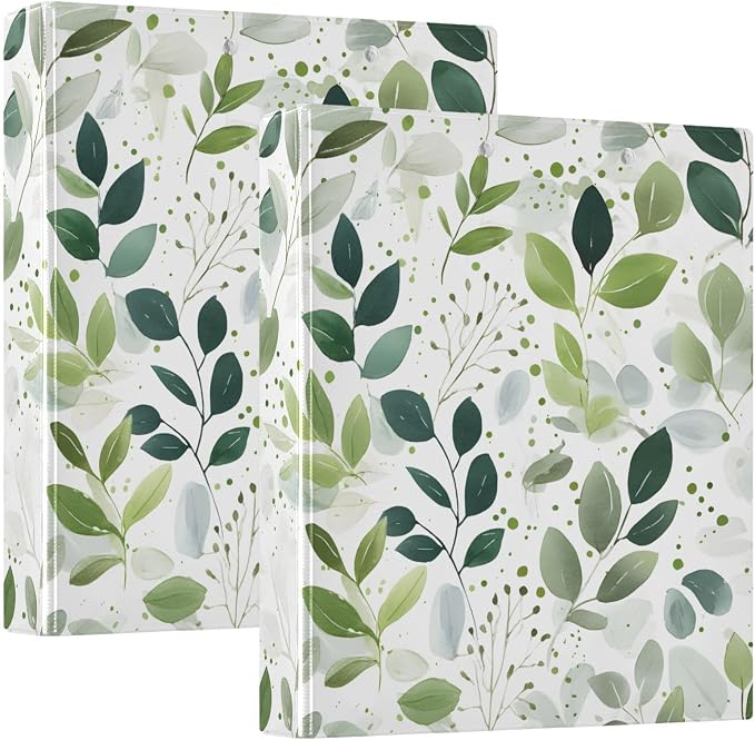 Eucalyptus Green Leavves Tropical Plant 3 Ring Binder with 2 Interior Pockets 1.5 inch Binders 3 Ring Heavy Duty Fit 8.5" x 11" Letter Size for Office School, 2 Pack