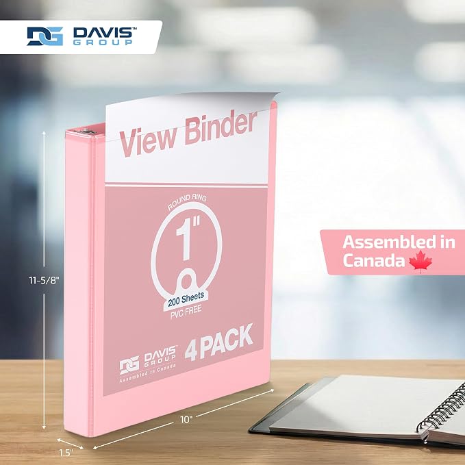 Pack of 4 Premium View Binders, Ring Binders with Clear-View Cover and Interior Pockets, Pastel Color Options, 1 Inch, Assorted