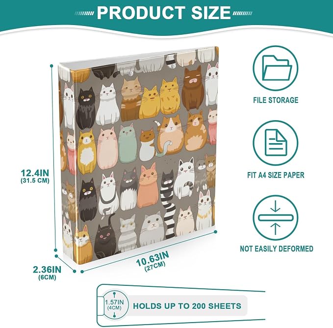 Cute Cats 1.5 Inch Binder 3 Ring Holds 200 Sheets, Three Ring Binders Decorative Notebook Binder for Work School Office, 1 Pack