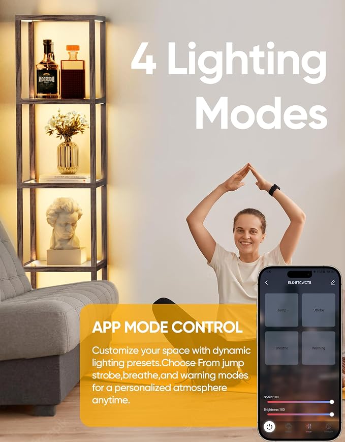 Floor Lamp Glass Display Shelf with Remote/APP Control, Dimmable LED Floor Lamp with Shelves, Open Display Cabinet, Color Temp Control (2700K-6000K), Oak Gray