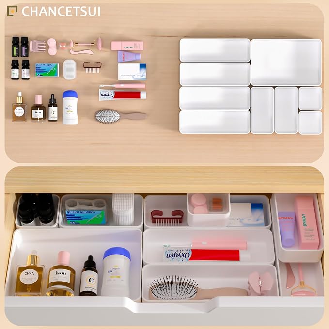 White Desk Drawer Organizer Trays: 9PC Shallow Vanity Bathroom Organizers | cosmetic short office plastic stackable storage quality makeup dorm kitchen