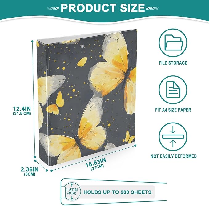 Butterfly Yellow Butterflies 3 Ring Binder with 2 Interior Pockets 1.5 inch Binders 3 Ring Heavy Duty Fit 8.5" x 11" Letter Size for Office School, 2 Pack
