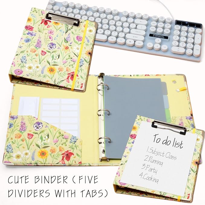 Mini Binder Organizer，1 Inch 3 Ring Binder with Clipboard, 5-Tabs Pockets Dividers, Plastic Folder, 18 Divider Stikers, Pen Loop (Garden Party, 5.5" x 8.5")