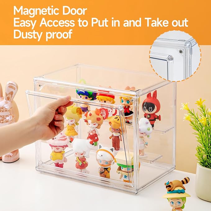 2Small Clear Acrylic Display Cases for Collectibles,Display Box for Figures | 3 Tier Dustproof,Magnetic Door Showcase for Action figurine,Display Shelf Box,360°View Stackable Boxes(2, Small)