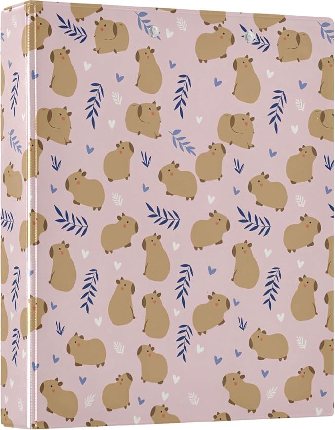Cute Capybara Round Ring Binders 1.5 Inch Flowers Strawberry Doodle Pattern 3 Ring Clipboard Binder for Office School Work Supplies File Folder 200 Sheet Capacity