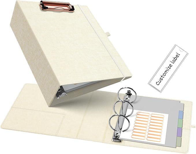 Ospelelf Mini 3 Ring Binder 5.5 x 8.5, 2 inch Round Ring Clipboard Binders Dividers with Tabs, Linen Small Binder Organizer for Office, Beige