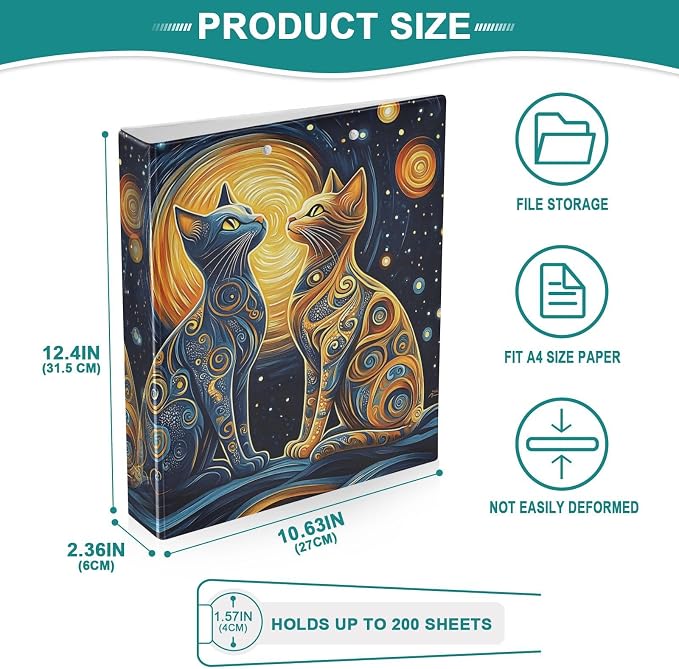 ALAZA 3 Ring Binder Abstract Two Cats Clipboard Round Ring Binder Holds 1.5 Inch Three Rings Binders for Office Supplies, 1Pack