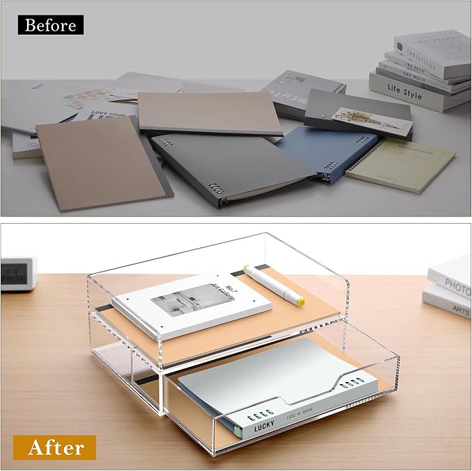 SANRUI 2-Tier File Organizer with 1Drawer, Acrylic Stackable Letter Tray | Desk Drawer Organizer with Paper Tray, Versatile Clear Acrylic Organization for Office Supplies, Home & School Organization
