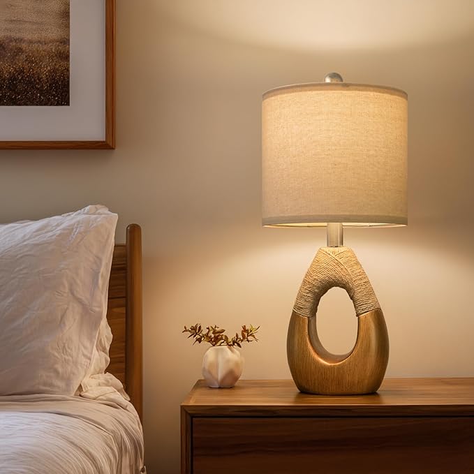 19" Table Lamps Set of 2, Boho Lamps for Living Room, Rustic Bedside Lamps for Bedroom, Farmhouse Rattan Table Lamp, Small Space Nightstand Lamp for Home Office (Bulb Not Included, Gold)