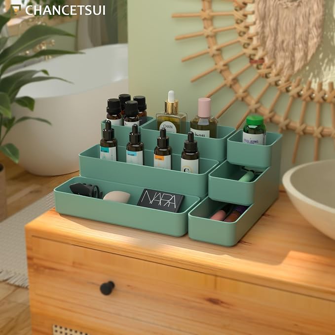 CHANCETSUI 9 Pcs Stackable Drawer Organizer Trays Set, Green, Multifunctional Storage for Vanity, Bathroom, Kitchen, Desk Drawer Organizer Office, PET Plastic | Sage Green Shallow Small Plastic Bins for Junk Organization
