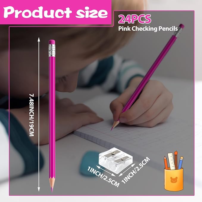 24PCS Erasable Colored Pencils with Eraser Pre Sharpened Pencil 2 HB - Ideal for Checking, Grading, Tests & Office/School Supplies (Pink)