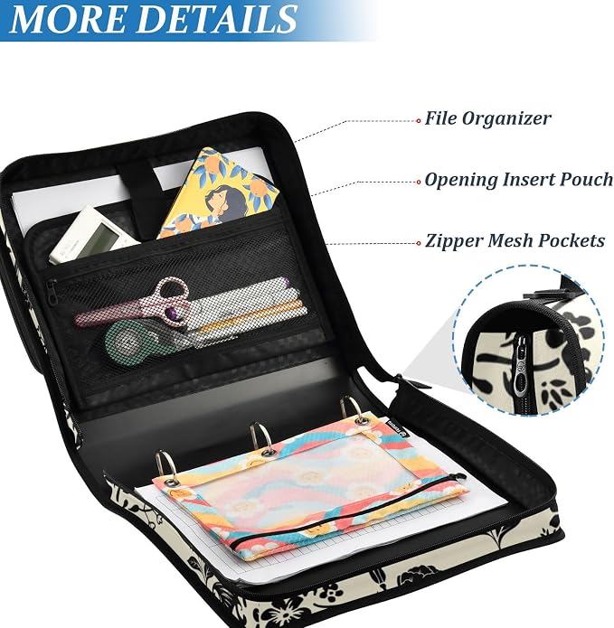 Goth Bat Flowers Binder Bag 3 Ring Zipper with Handle Shoulder Strap | for School Work Office Organizer Storage Case