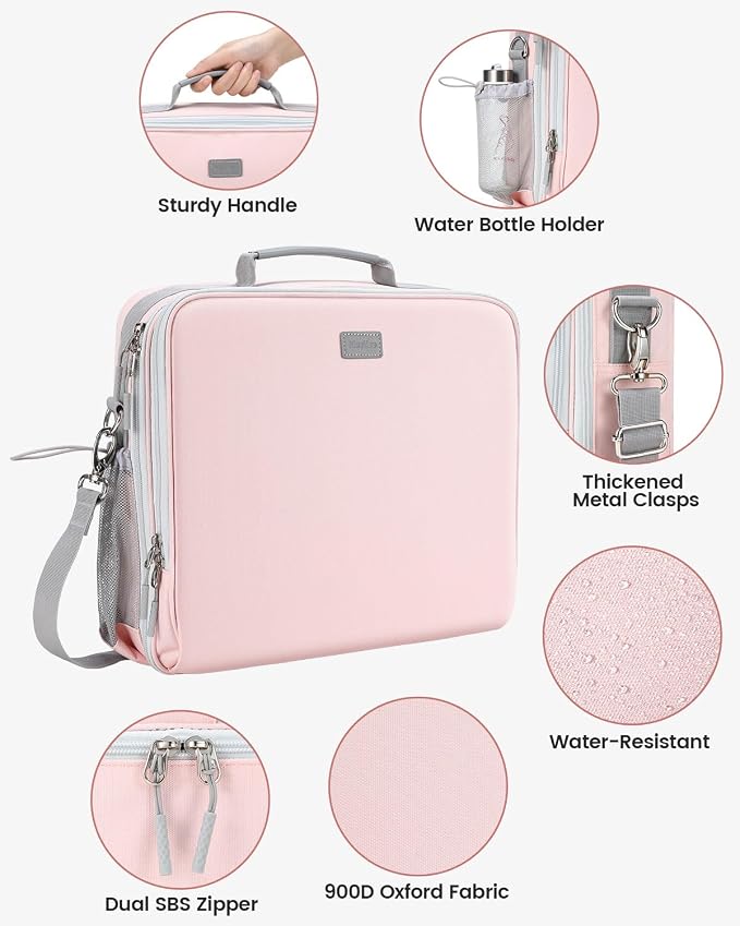 Zipper Binder 3 Inch D-Ring 3 Ring with Water Bottle Holder | Binder with Strap for School/Office, 700 Sheet Capacity-Multiple Pockets, Fit for 13" Tablet/Laptop, Pink