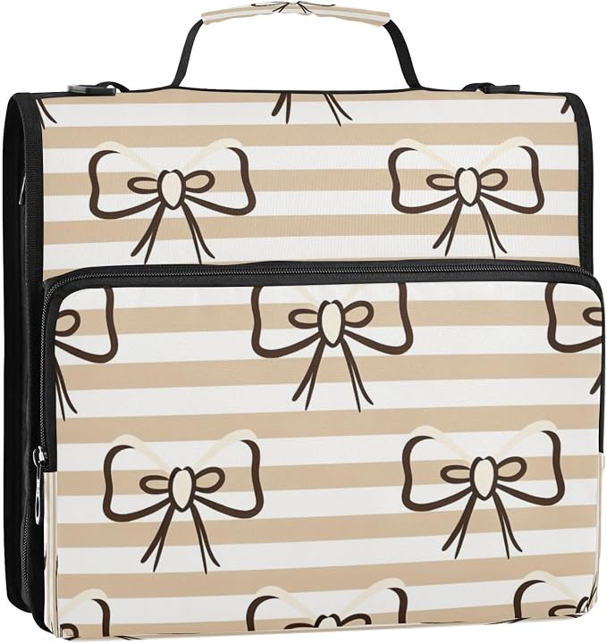 Zipper Binder 3 Ring, 1.5 Inch D-Ring Beige Stripes File Folder Organizer | Multi-pocket Storage; Expanding Pocket; Secure Travel Document Organizer; Ideal for Commuting, Travel, Office and School