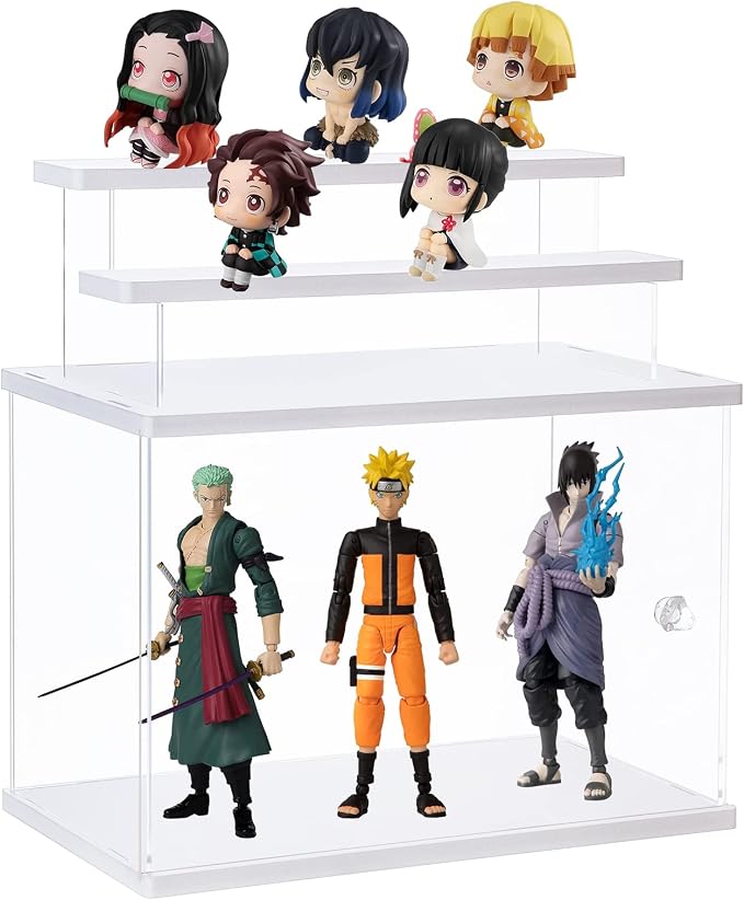 Dezzer Acrylic Display Case Stand with 2 Ladder Shelves, Clear Dustproof Protection Storage Display Box for Collectibles, Action Figures, Miniature Figurines, White (12.4x7x8.6in)