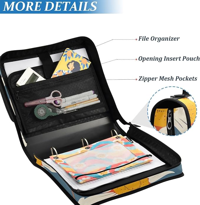 ALAZA Daisy Floral Zipper Binder 1.5 inch 3 Ring Binder Organizer with Shoulder Strap and Handle for Home Office Work