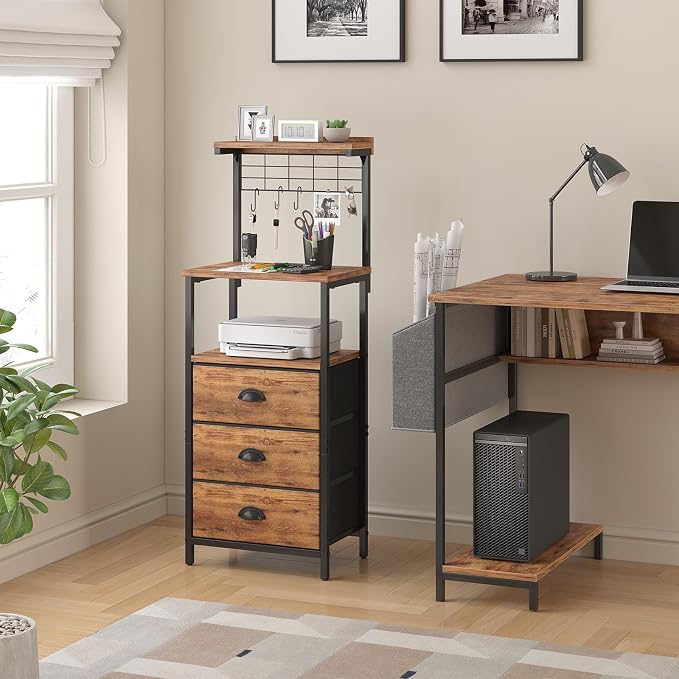 sthmec Tall Nightstands with Charging Station, LED Night Stand Bedsides with 3 Fabric Drawers,Hooks,USB Port and Open Storage Shelves,Tall End Table Bedside Tables for Bedroom,Office, Rustic Brown