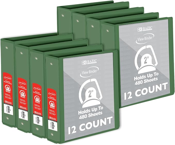 BAZIC Products 2" Green 3-Ring View Binder, Slant-D Ring, 12-Case | 2 inside pockets, 2 in Green view 3-ring binder, slant-D rings, holds up to 480 sheets, Durable poly cover, 2 Pockets